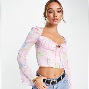 ASOS Design Corset Top With Ruffle Shoulder In Pink Occasion Floral Print Size 4